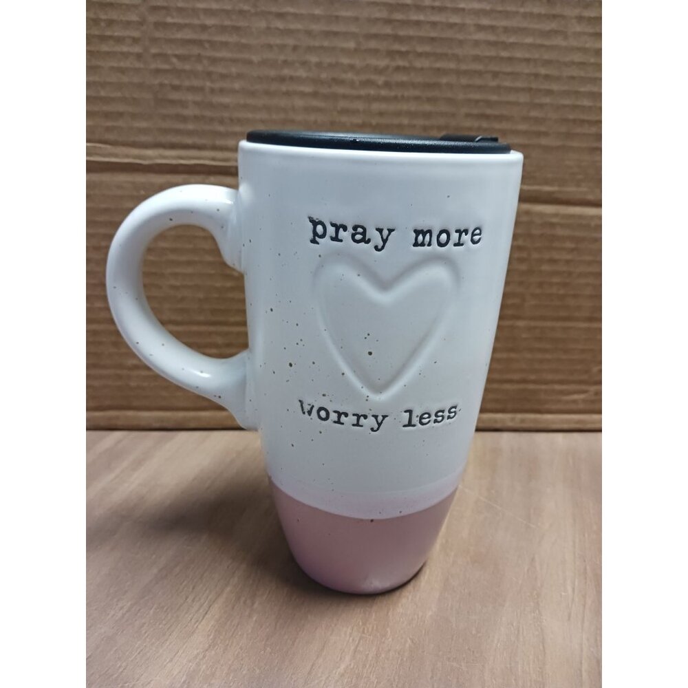 Tall Coffee Cup Mug With Lid "Pray more worry less" - Picture 2 of 6